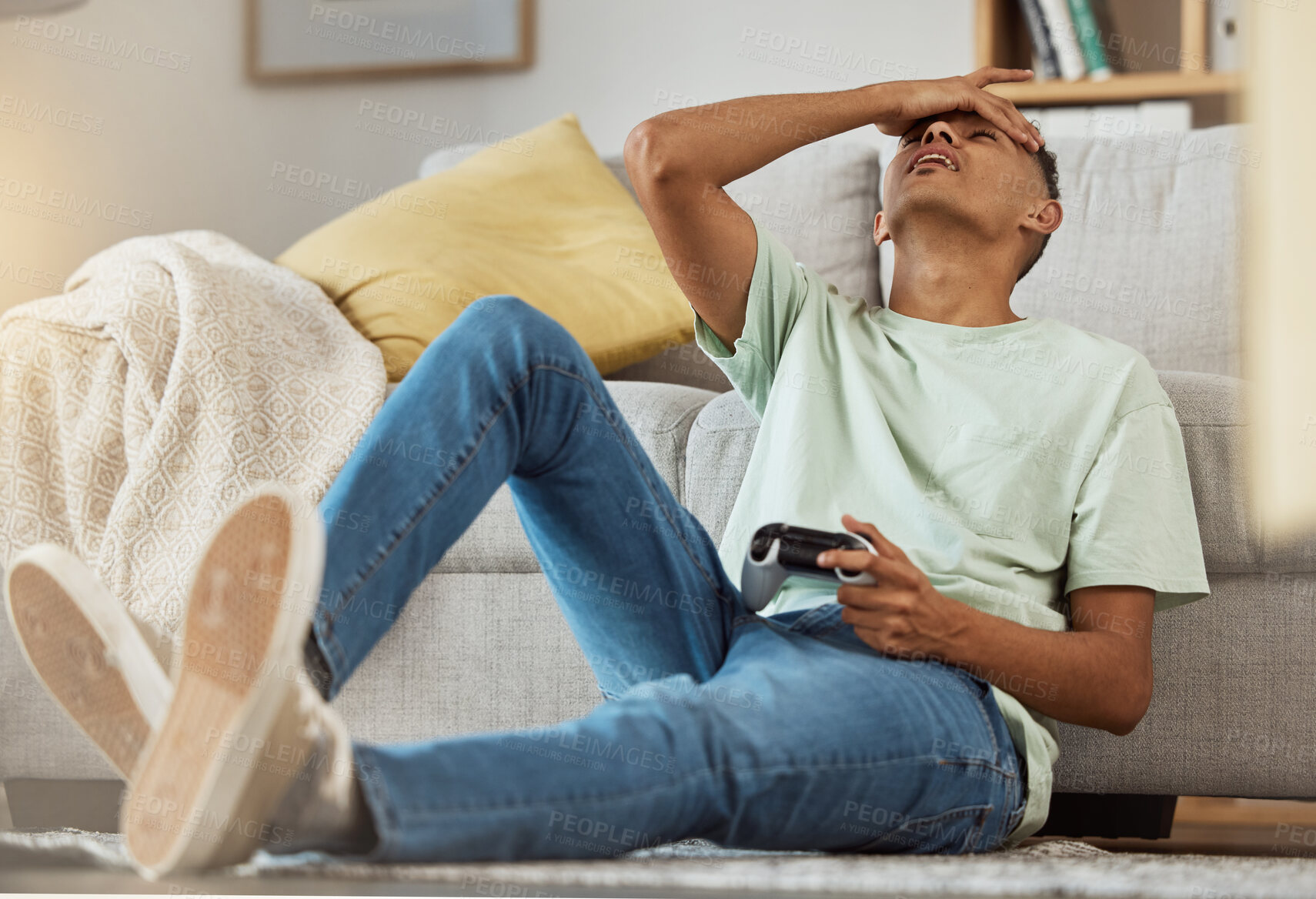 Buy stock photo Man, video game in living room and gamer lost, technology and digital world with esports and disappointed. Gaming glitch, frustrated and sad to fail, streaming at home for competition and challenge