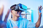 Virtual reality, digital world and 3D with man, home and user experience with gaming and online. VR, future technology and cyber space, multimedia and software with metaverse and gamer in living room