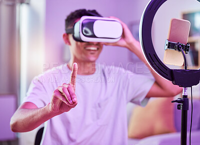 Buy stock photo VR, live streaming and man content creator with future on social media for digital connection in metaverse vlog in a home. 3D, streamer and influencer or person speaking on internet show as host