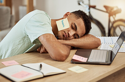 Buy stock photo Sleeping, laptop and tired business man in office with paper, research or note on face at desk for nap. Work, burnout and guy designer with insomnia, low energy or boring online task, lazy or fatigue