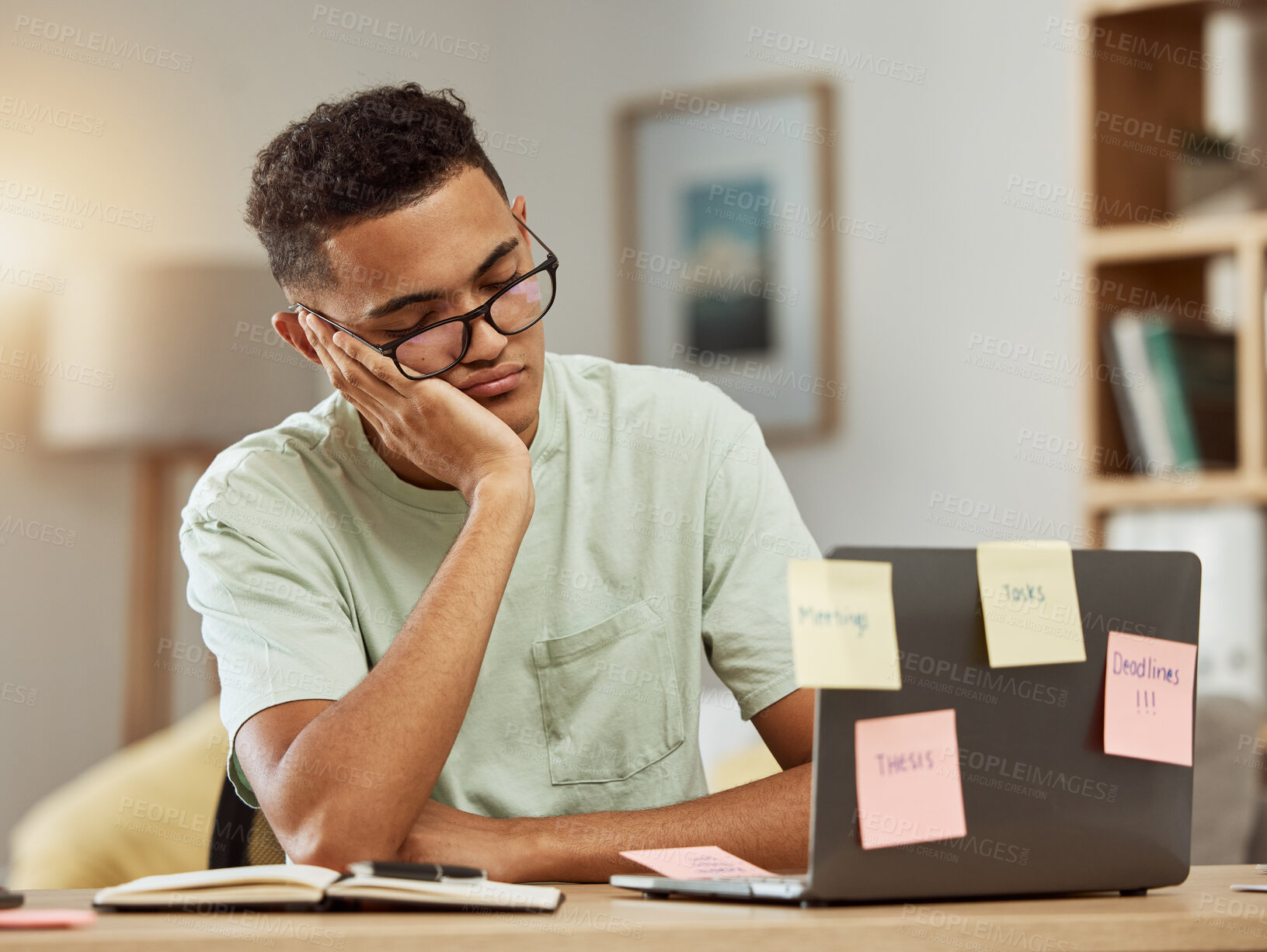 Buy stock photo Burnout, laptop and tired business man sleeping in office with fatigue, workload or deadline, note or reminder. Work, fail and lazy guy web designer with low energy nap for online marketing project