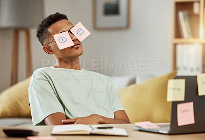 Buy stock photo Education, sticky notes and a man student sleeping at his desk in the bedroom while learning for school. Burnout, tired and exhausted with a young university or college pupil asleep in his home