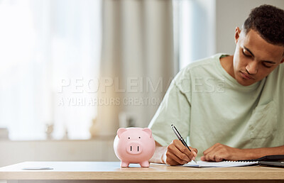 Buy stock photo Piggy bank, finance and man with budget, writing and savings with bills, planning and future at home. Money management, growth and investment, financial strategy with notes and wealth in account 