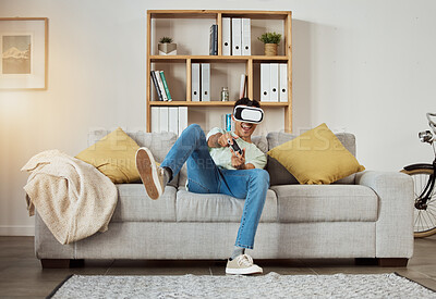 Buy stock photo Virtual reality glasses, excited and man with game, futuristic and metaverse with connection, smile and relax. Person, gamer or guy on a couch, VR eyewear and home with online playing and controller