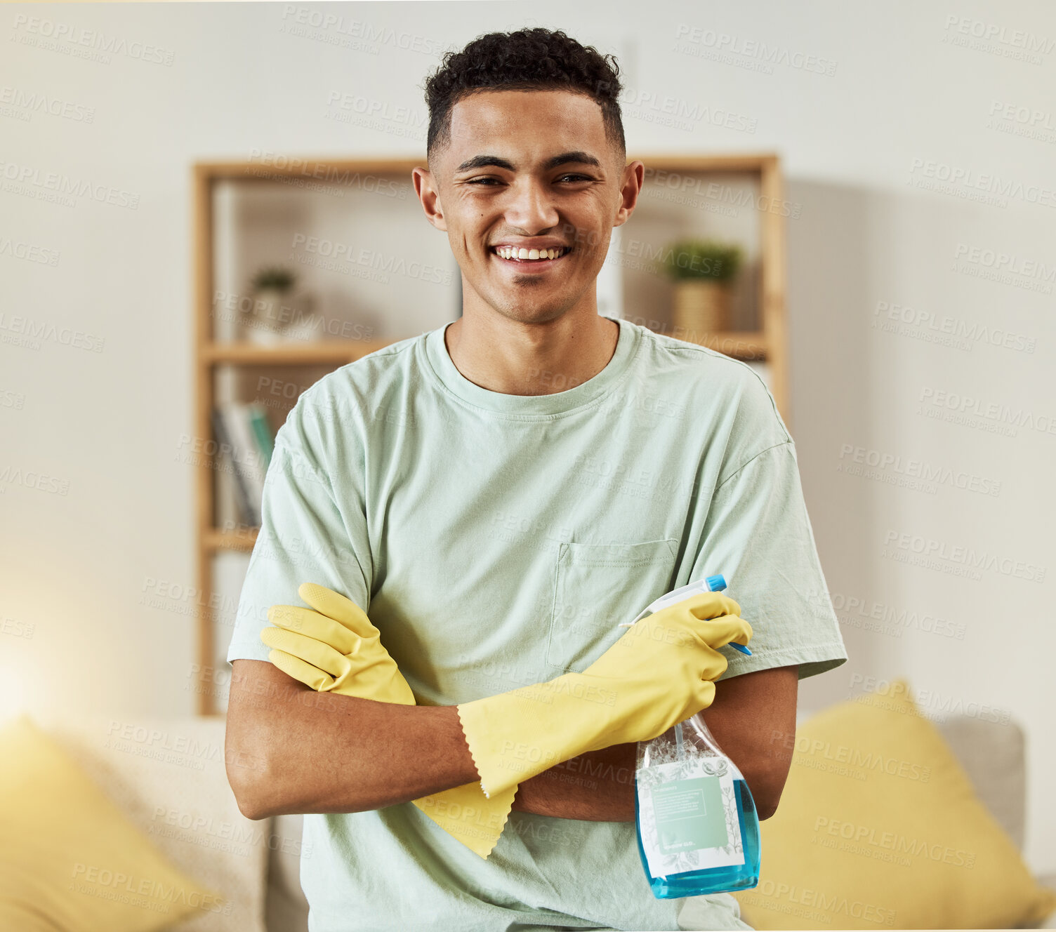 Buy stock photo Cleaner, man in portrait and chemical with arms crossed, happy and hygiene with housekeeping, detergent and gloves. Janitor, cleaning solution in bottle with smile and professional housekeeper