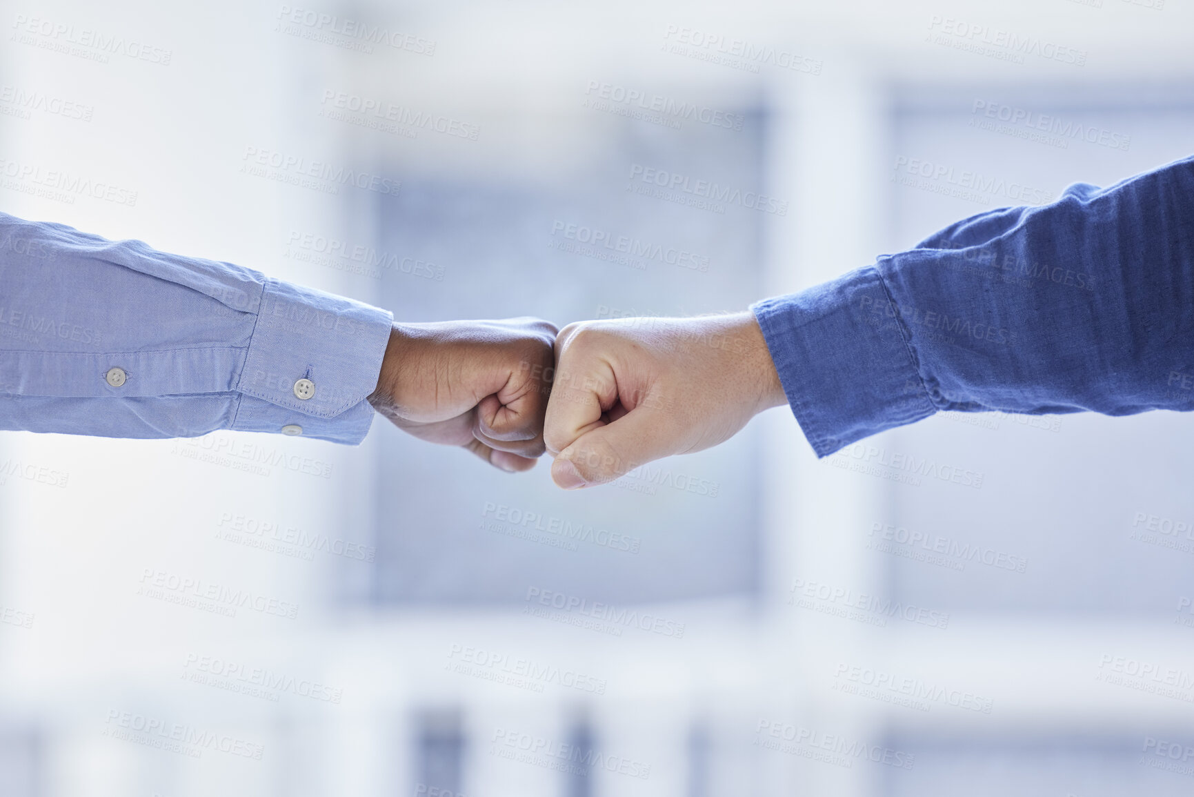 Buy stock photo Business people, hands and fist bump of success, support and power of teamwork, respect and winning deal. Closeup, employees and collaboration to celebrate solidarity, partnership and emoji for trust