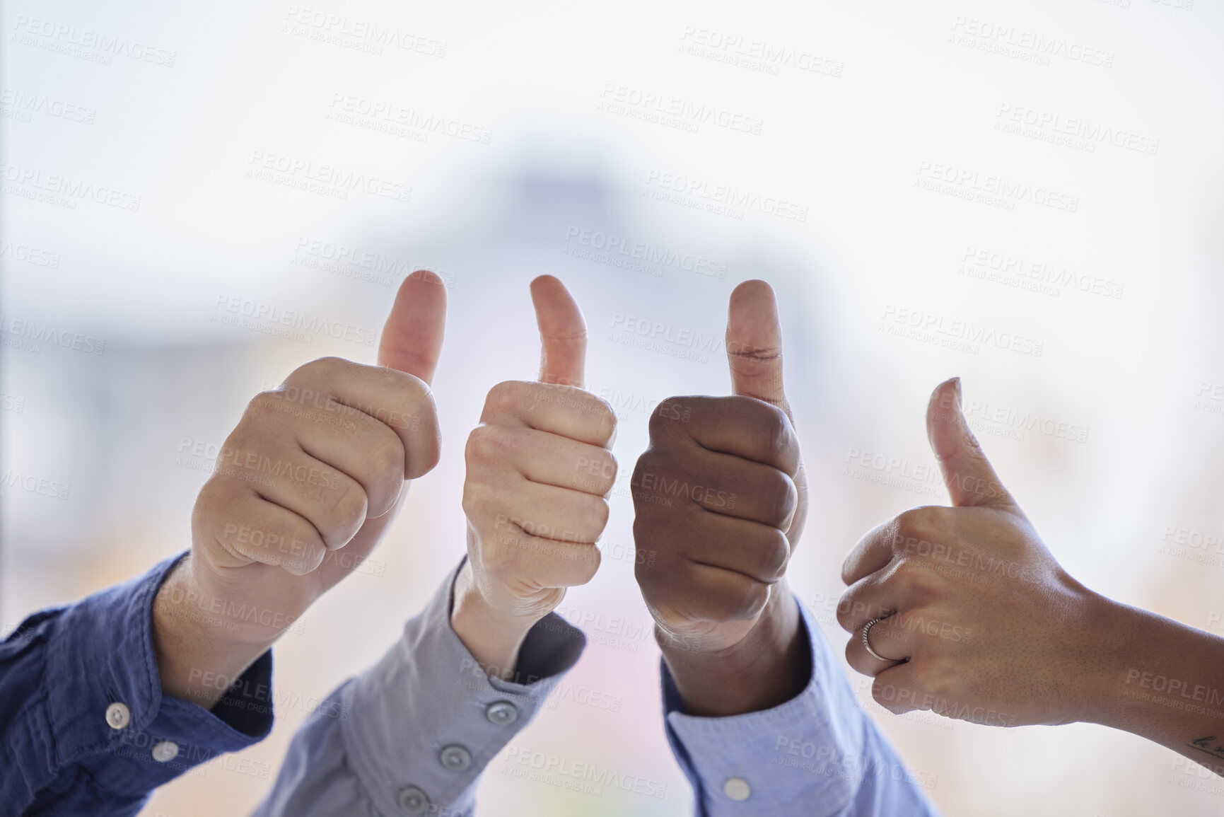 Buy stock photo Business people, hands and thumbs up for teamwork, success and agreement with mockup space. Closeup, group and employees show like emoji, yes sign and thank you for collaboration, support and winning