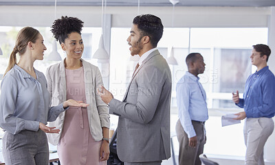 Buy stock photo Business people, cooperation and staff with teamwork, talking and brainstorming in a workplace. Happy group, men and women speaking, partnership or smile with ideas, collaboration or project planning