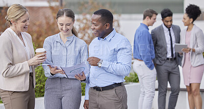 Buy stock photo Teamwork, planning and business people reading a report for a meeting, collaboration or staff project. Smile, laughing and diversity of corporate employees with a document, strategy or discussion