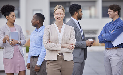 Buy stock photo Business, portrait and woman with hands crossed for leadership and teamwork on rooftop of office building with collaboration. Team, people and professional employee in human resources and corporate
