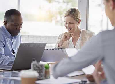 Buy stock photo Strategy, documents and planning and business people in meeting for planning, data and research. Workshop, idea and brainstorming with employees in office for collaboration, feedback and portfolio