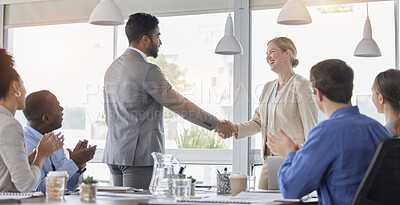 Buy stock photo Handshake, applause and team of business people meeting for partnership, deal or agreement in office. Happy group clapping for collaboration, shaking hands and b2b integration, acquisition or success