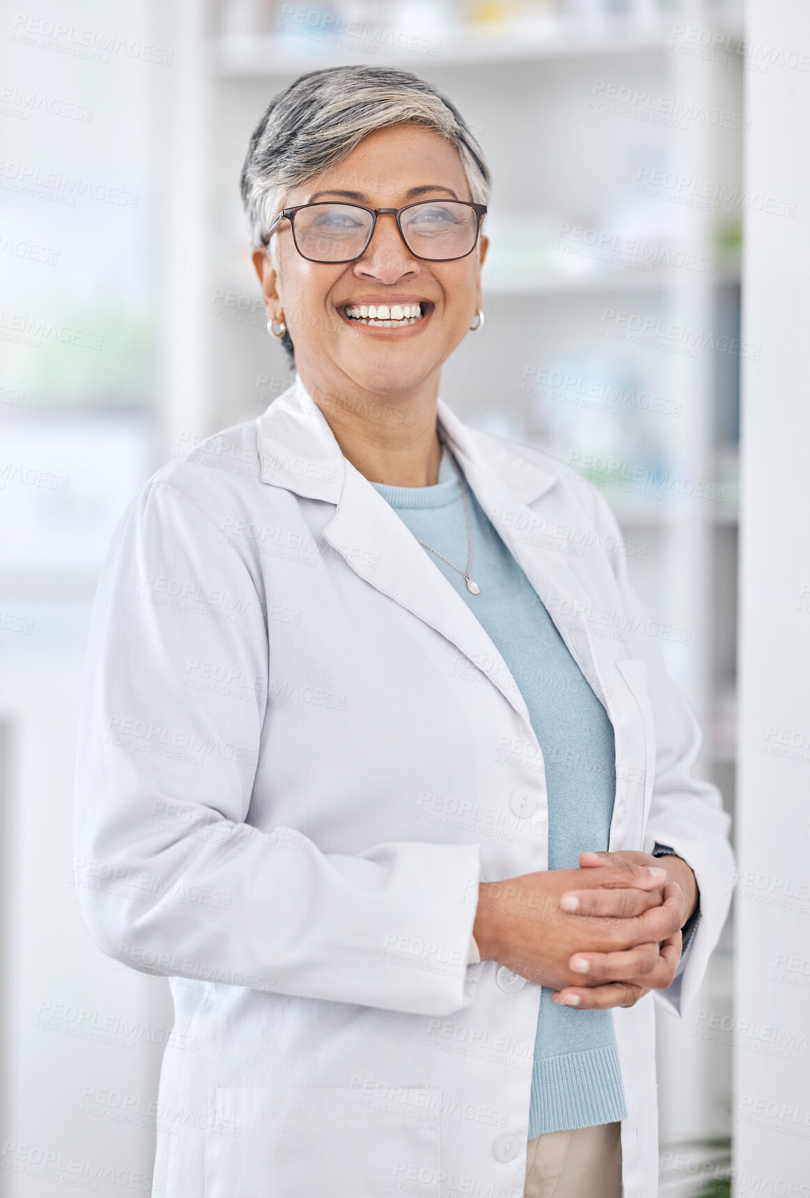 Buy stock photo Senior woman, pharmacy and happy portrait with a smile and worker at healthcare job. Eye health, medical employee and elderly person with confidence from hospital or clinic work of pharmacist