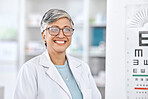 Senior woman, pharmacy worker and vision health portrait with a smile and happy from job. Glasses, medical employee and elderly person with confidence from hospital or clinic work of pharmacist