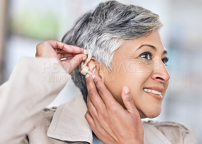 Buy stock photo Hearing aid, medical and deaf with senior woman with a disability for healthcare, technology and sound waves. Medicine, wellness and audio with person and cochlear implant for hearing loss treatment