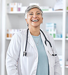 Senior woman, laughing worker and doctor portrait with smile and happy from healthcare job. Eye health, medical employee and elderly person with confidence from hospital or clinic work of pharmacist