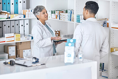 Buy stock photo Pharmacy people, communication and team discussion on healthcare inspection, quality assurance or medical inventory. Service teamwork, consulting and pharmacist cooperation on hospital clinic storage