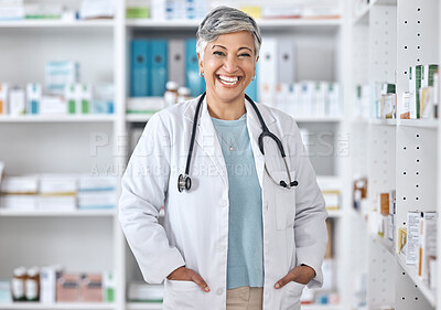 Senior woman, doctor and laugh portrait with a smile and happy from healthcare job. Eye health, medical employee and elderly worker with professional confidence from hospital or pharmacist work