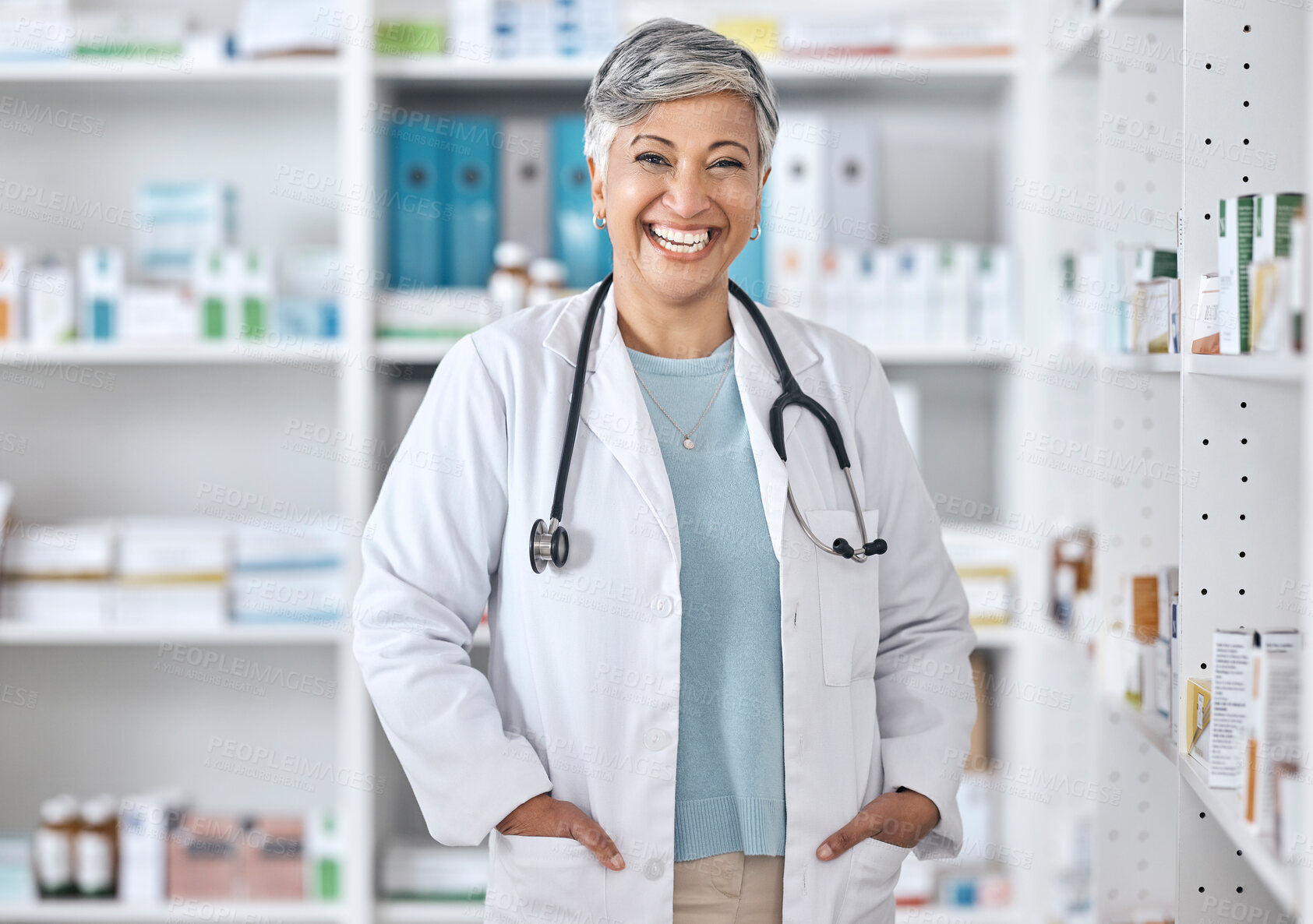 Buy stock photo Senior woman, doctor and laugh portrait with a smile and happy from healthcare job. Eye health, medical employee and elderly worker with professional confidence from hospital or pharmacist work