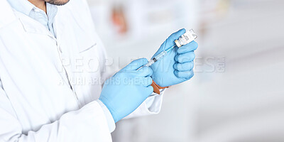 Buy stock photo Hands, healthcare a vaccine with a doctor in the hospital closeup for treatment or cure using a syringe. Medical, needle and injection with a medicine professional in a clinic for pharmaceutical care