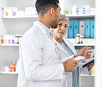 Pharmacy team, inspection and people collaboration on retail product, quality assurance or medical inventory. Healthcare, teamwork and pharmacist check pharmaceutical supplements, medicine or stock