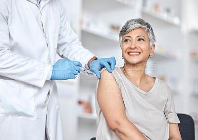 Buy stock photo Healthcare, vaccine and doctor with woman in consultation at hospital clinic for safety in health. Injection, syringe and happy patient with medical professional for vaccination, insurance and care.