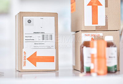 Buy stock photo Boxes, medicine and delivery package in pharmacy for ecommerce, supply chain and healthcare on blurred background. Stock, logistics and medical product or drug distribution for health and wellness