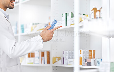 Buy stock photo Medicine shelf, pharmacy hands and person search retail product, shop package or medical clinic stock. Hospital, drugs and pharmacist check pharmaceutical supplements, box label or reading pills info