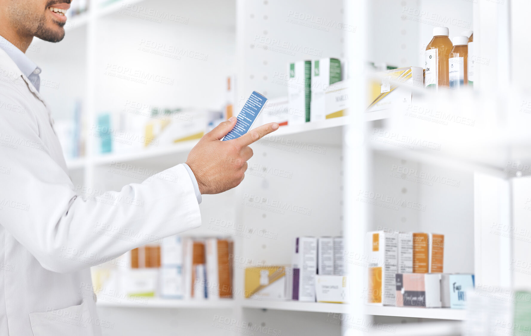 Buy stock photo Medicine shelf, pharmacy hands and person search retail product, shop package or medical clinic stock. Hospital, drugs and pharmacist check pharmaceutical supplements, box label or reading pills info