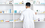 Medicine shelf, pharmacy and back of person search retail product, package or medical inventory stock. Inspection, drugs and pharmacist check pharmaceutical supplements, medicine or pills storage