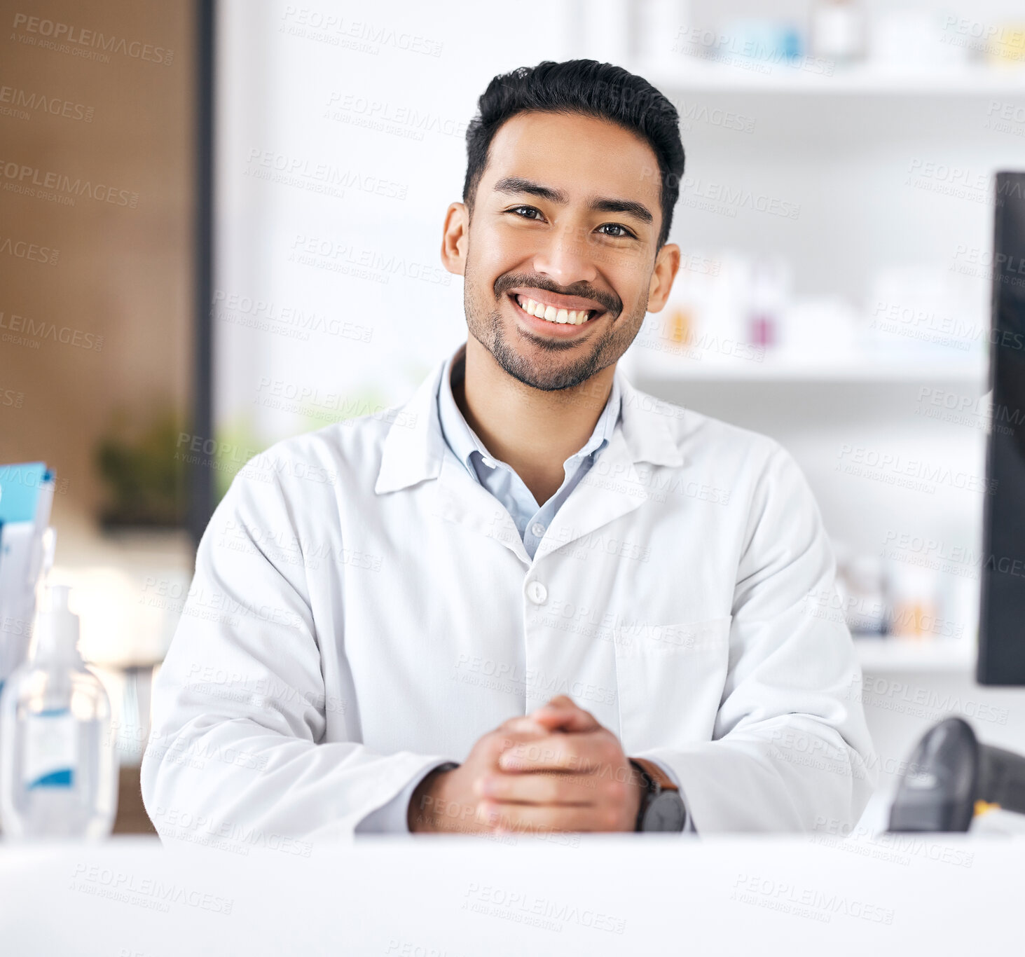 Buy stock photo Man, pharmacy and portrait with happy and smile of pharmacist ready for healthcare support and work. Clinic, doctor and male professional with career confidence and medicine for medical job at desk