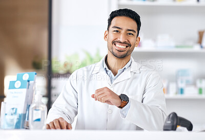 Buy stock photo Man, pharmacy and shop portrait with happy and smile of pharmacist ready for healthcare support and work. Clinic, doctor and male professional with confidence and medicine for medical job at desk