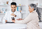 Pharmacy, POS and senior woman with phone for healthcare, medical and clinic prescription instructions. Customer, mobile and happy with pharmacist and tablet with online information for support