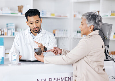 Buy stock photo Pharmacy, medicine and senior woman phone with healthcare, medical and clinic worker with web prescription. Customer, mobile and consultation with pharmacist and tablet and online information 