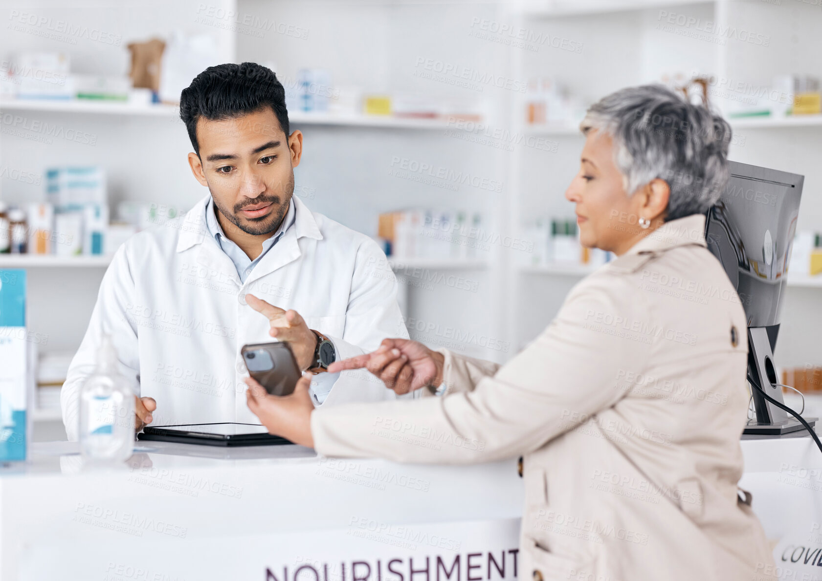 Buy stock photo Pharmacy, medicine and senior woman phone with healthcare, medical and clinic worker with web prescription. Customer, mobile and consultation with pharmacist and tablet and online information 