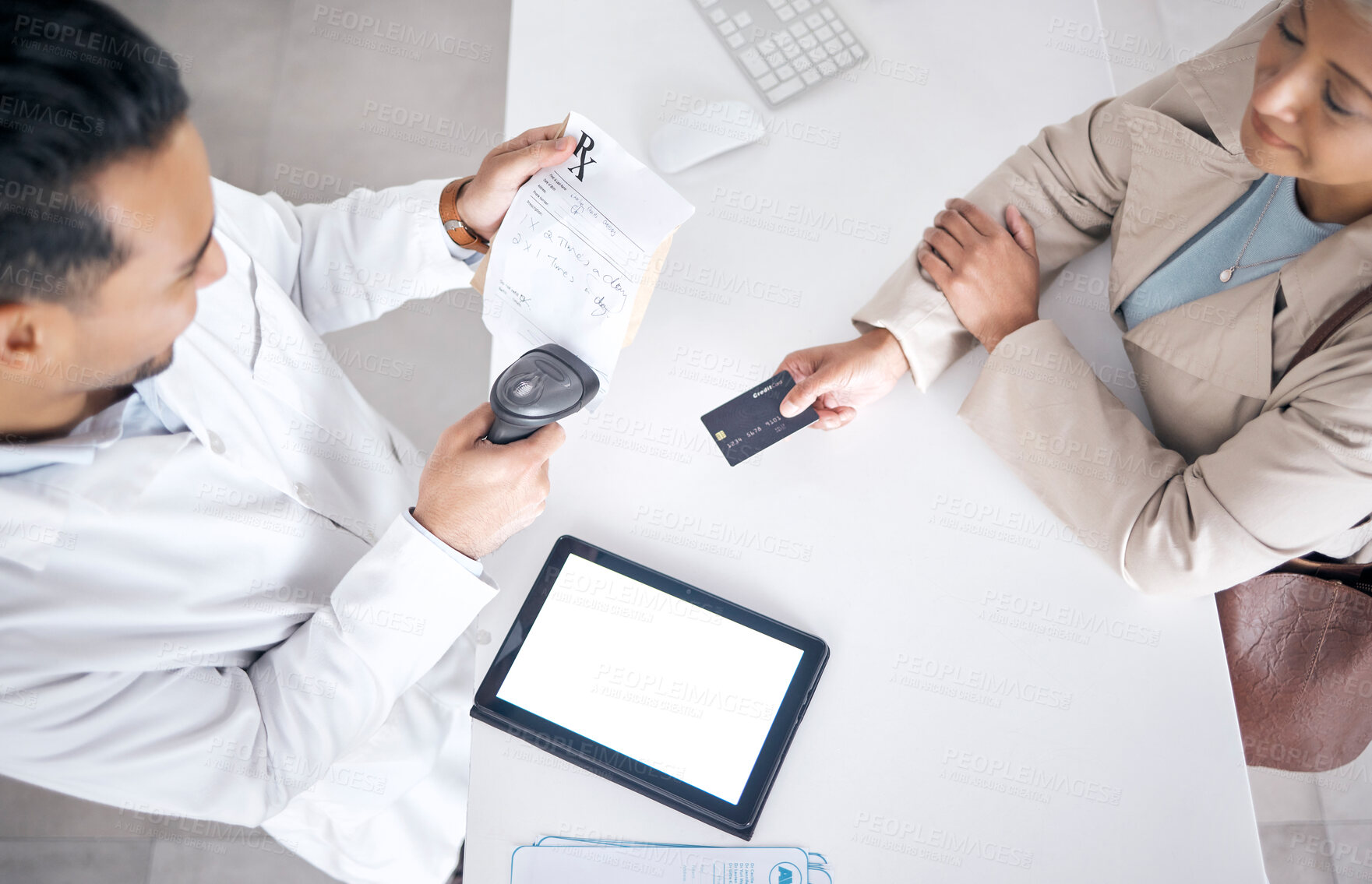 Buy stock photo Pharmacy, POS and woman with credit card for healthcare, medical and clinic worker payment. Customer, prescription and top view with pharmacist and blank tablet with mockup space and transaction