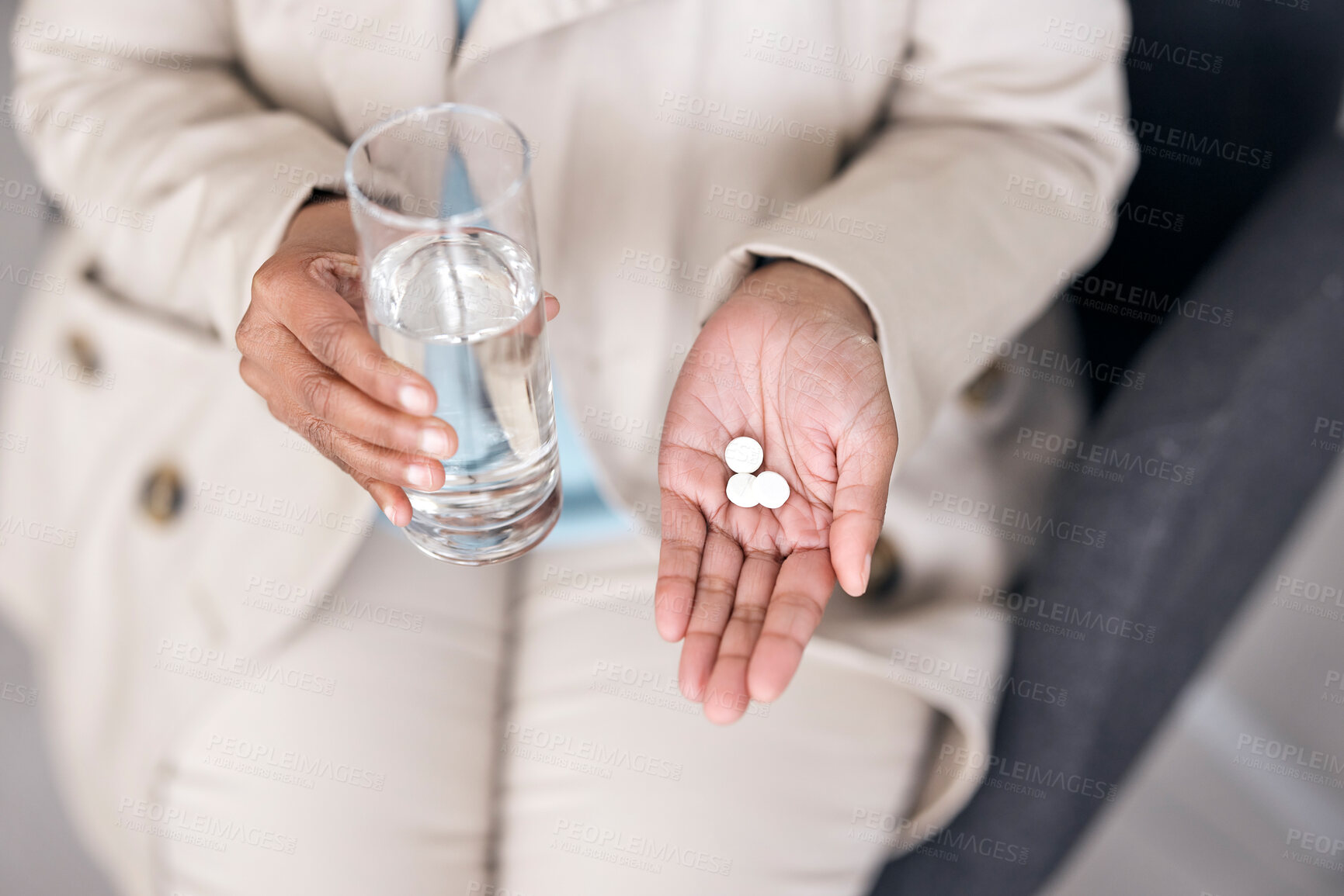 Buy stock photo Water, medicine and pills with hands of person for healthcare, prescription and supplements. Medical, pharmacy product and wellness with closeup of woman and glass for vitamins, sick and treatment