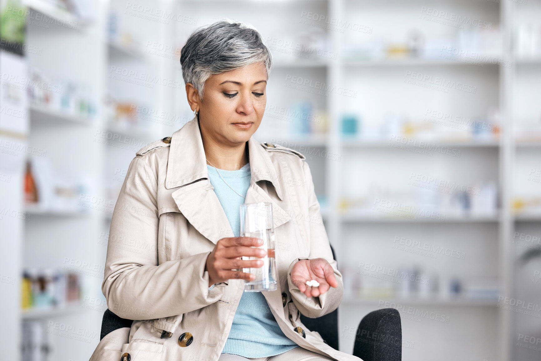 Buy stock photo Pharmacy, medicine and pills with senior woman in store for healthcare, prescription and supplements. Medical, product and wellness with customer and prescription for vitamins, sick and treatment