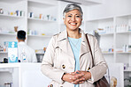 Pharmacy, store and woman customer in portrait for healthcare, medicine and happy services. Face of mature person for clinic or medical support and information at desk or counter for health shopping