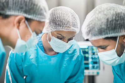 Buy stock photo Healthcare, teamwork and doctors in surgery with equipment, collaboration and support in hospital. Nurses helping medical surgeon, ppe safety and consulting for operation, emergency procedure in ER.