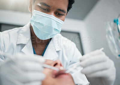 Buy stock photo Dentist, consulting and man with patient for medical service, teeth whitening and cleaning. Dental care, oral hygiene and closeup of person with equipment for consultation, check up and treatment