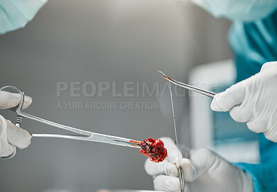 Buy stock photo Healthcare, hands on tools and stitches, doctors in surgery with blood, teamwork and support in hospital. Nurse helping medical surgeon, safety and medicine, emergency operation in ER and cooperation