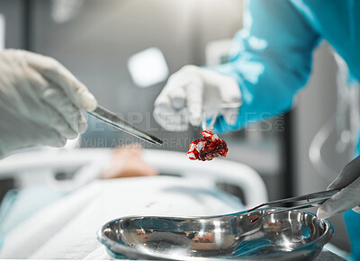 Buy stock photo Healthcare, surgery tools and doctor hands in theatre for operation, emergency or risk with safety ppe at hospital. Medical, wellness and surgeon or professional nurse with metal equipment for help