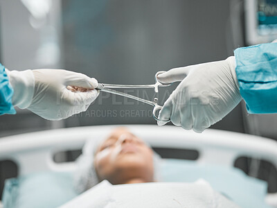 Buy stock photo Healthcare, hands on tools and doctor in surgery with equipment, teamwork and support in hospital. Nurse helping medical surgeon, safety and patient in bed for operation, emergency procedure in ER.