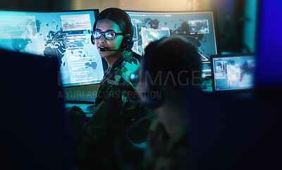 Buy stock photo Military control room, headset and woman with man, computer and tech for communication. Security, global surveillance and soldier with teamwork in army office at government cyber data command center.