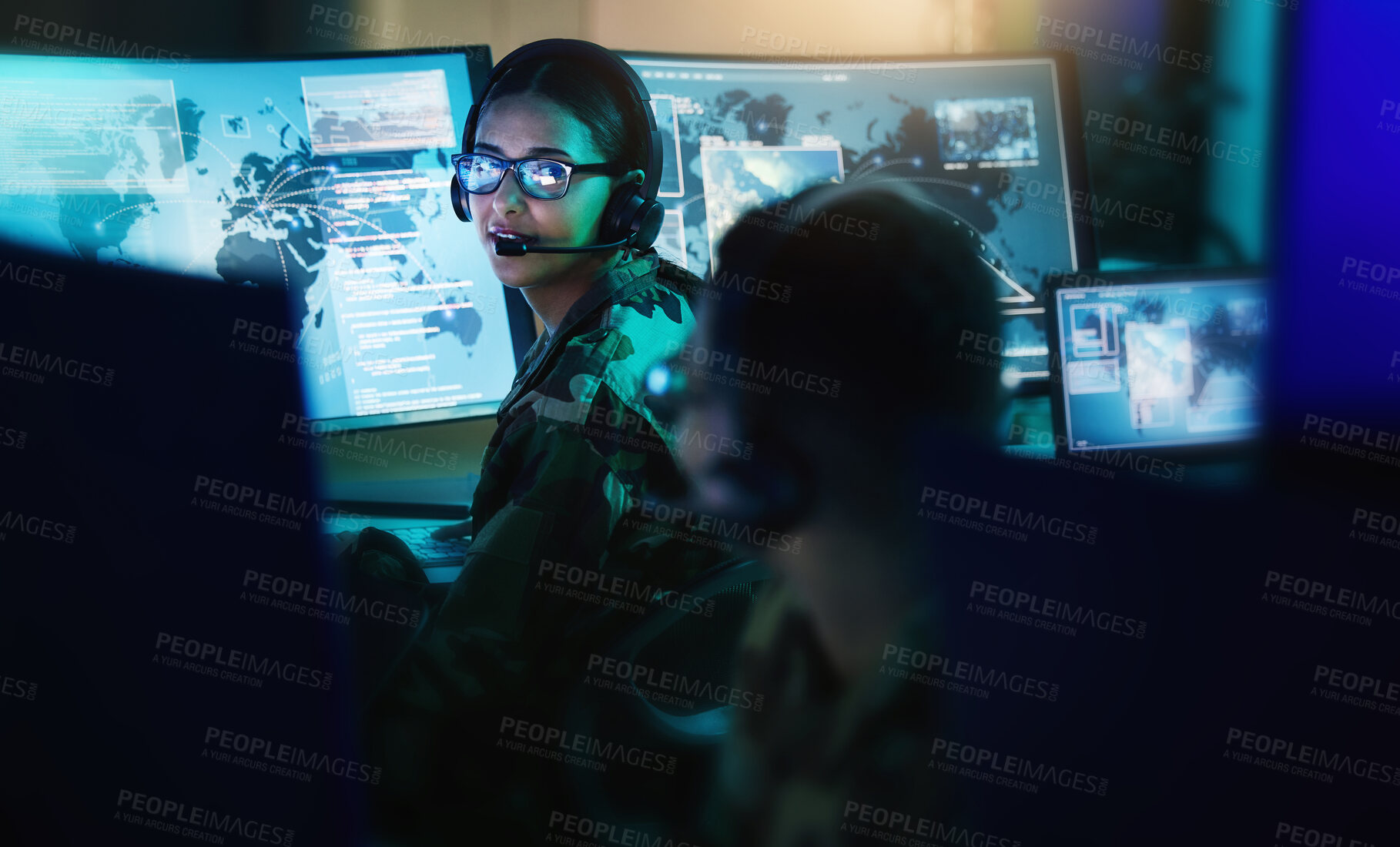 Buy stock photo Military control room, headset and woman with man, computer and tech for communication. Security, global surveillance and soldier with teamwork in army office at government cyber data command center.