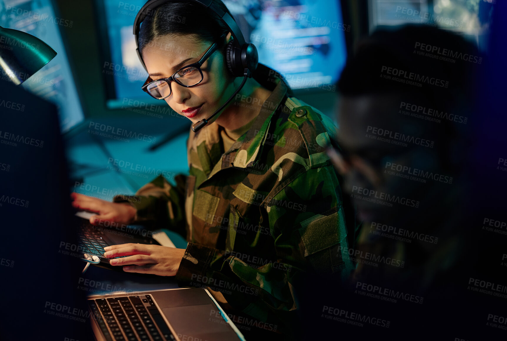 Buy stock photo Military control room team, headset and woman with computer and tech for communication. Security, global surveillance info and soldier thinking in army office at government cyber data command center.