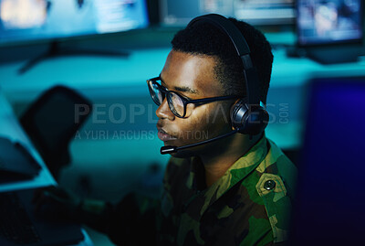 Buy stock photo Military control room, security or man monitor CCTV, army communication or online surveillance system. Data center, cyber support soldier or face profile of black person helping with crime intel unit