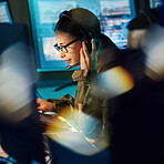 Military command center, headset and woman with communication, computer and technology. Security, global surveillance and soldier with teamwork in army office at government cyber data control room.