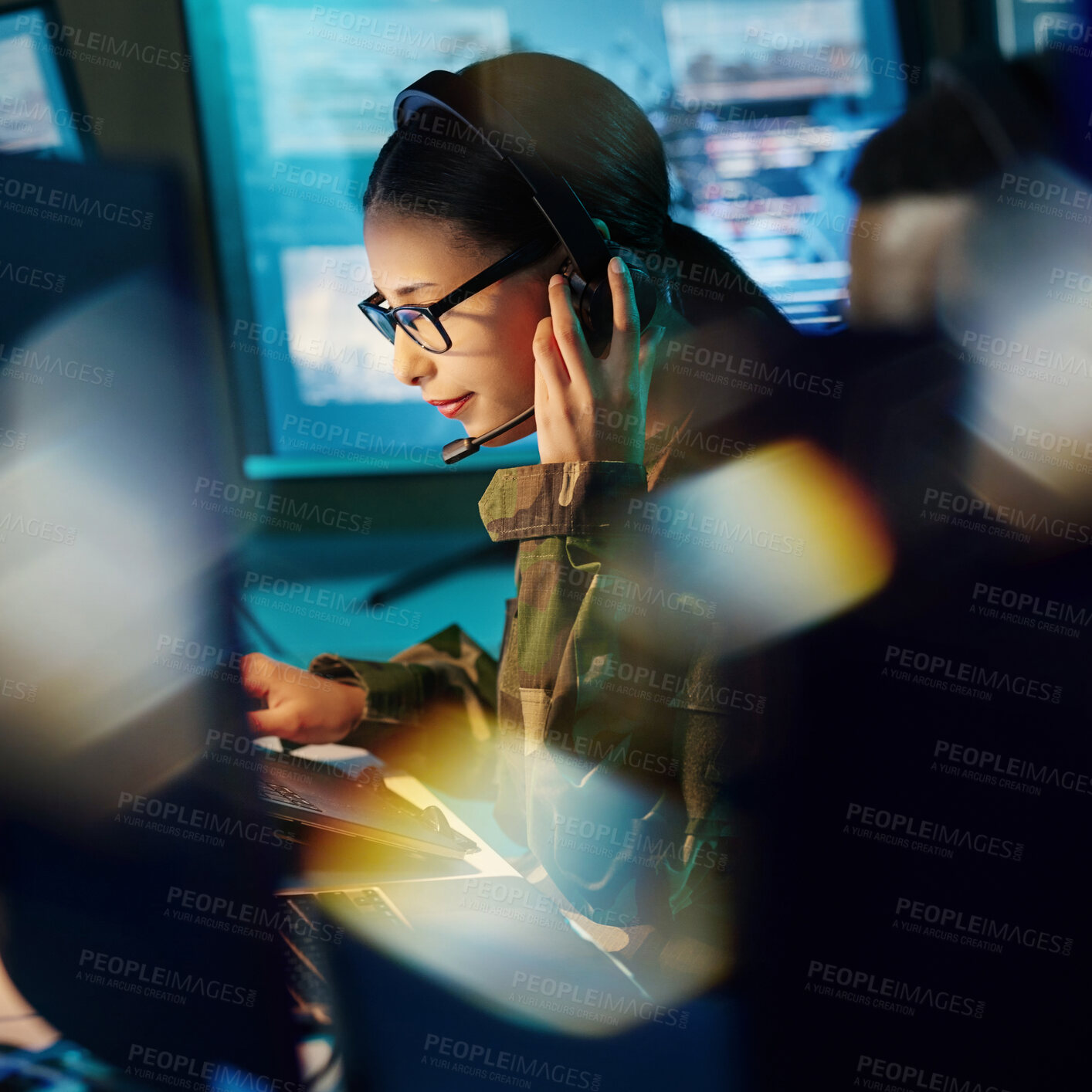 Buy stock photo Military command center, headset and woman with communication, computer and technology. Security, global surveillance and soldier with teamwork in army office at government cyber data control room.